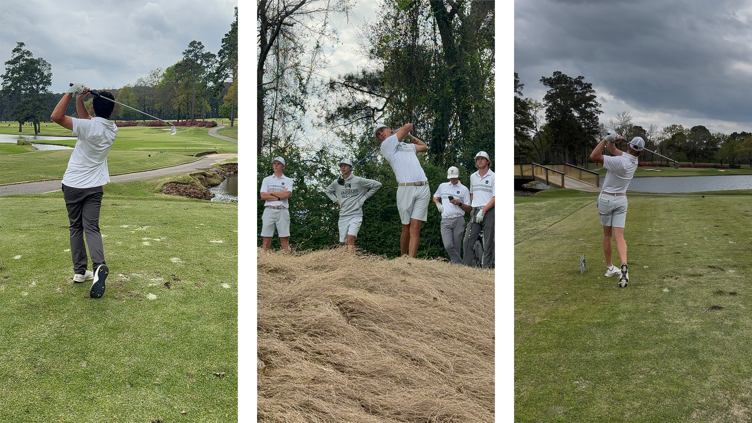Three Texas A&M–San Antonio men’s golf players tee off and swing on a challenging course under cloudy skies, with water hazards, trees, and teammates watching nearby.